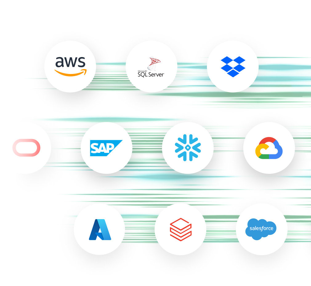Collection de logos variés sur fond blanc représentant une « fabrique de connecteurs » pour l'intégration de données et l'analytics.