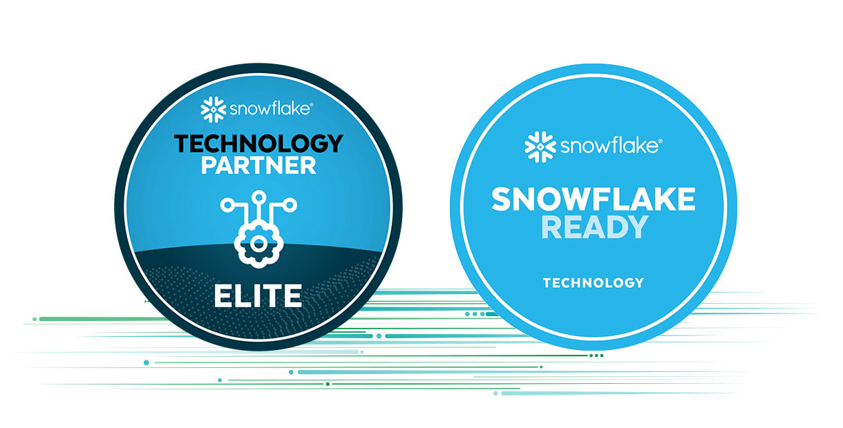 Dois emblemas circulares: um diz "snowflake TECHNOLOGY PARTNER ELITE" com um ícone de engrenagem; o outro diz "SNOWFLAKE READY TECHNOLOGY" com o logo do Snowflake. Linhas verdes e azuis estão abaixo deles.