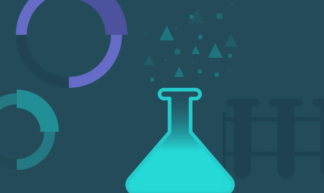 Illustration of a glowing chemistry flask with geometric shapes and charts in the background, depicting a scientific and analytical theme.