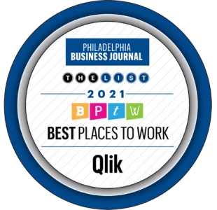 Emblema circular do Philadelphia Business Journal declarando a Qlik como uma das "Melhores Empresas para Trabalhar" em 2021.